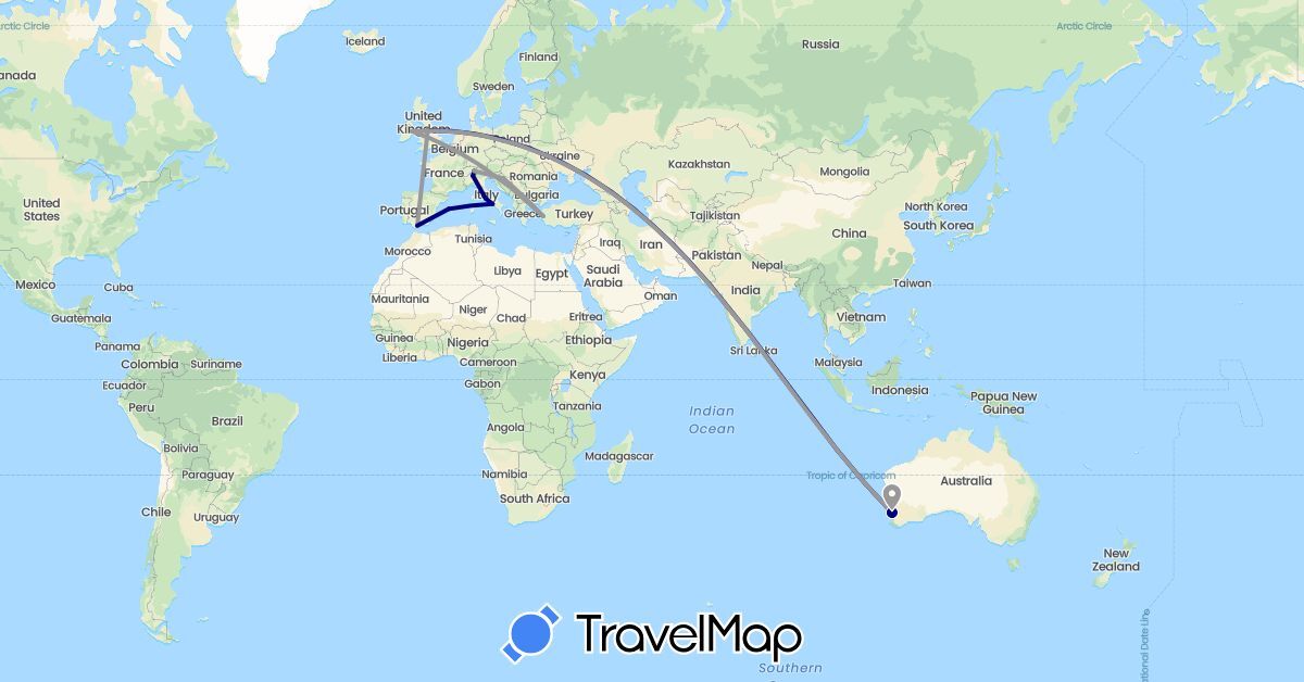 TravelMap itinerary: driving, plane in Australia, Switzerland, Spain, United Kingdom, Croatia, Ireland, Italy, Turkey (Asia, Europe, Oceania)